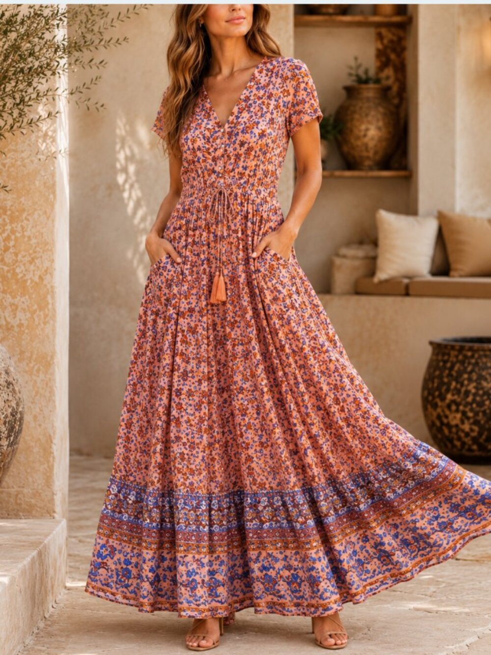 Caroline Morgan Australia Floral Button Front Maxi Dress M Boho Cottagecore EUC